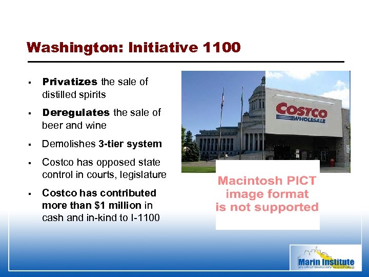 Washington: Initiative 1100 § § Privatizes the sale of distilled spirits Deregulates the sale