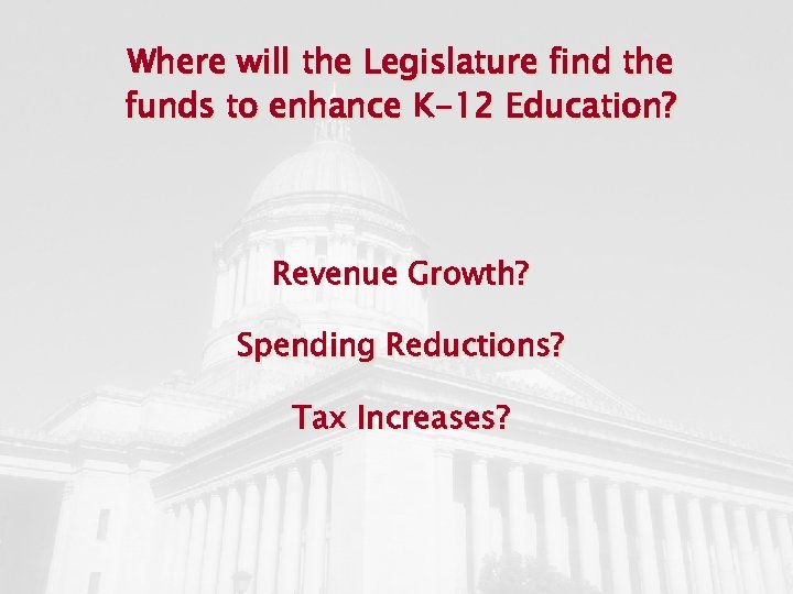 Where will the Legislature find the funds to enhance K-12 Education? Revenue Growth? Spending