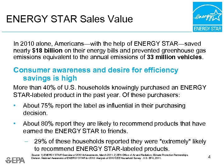 ENERGY STAR Sales Value In 2010 alone, Americans—with the help of ENERGY STAR—saved nearly