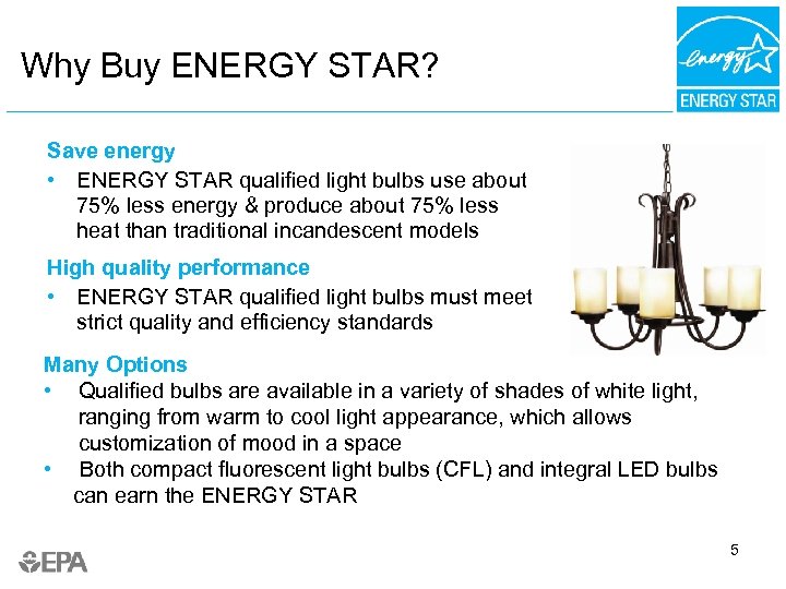 Why Buy ENERGY STAR? Save energy • ENERGY STAR qualified light bulbs use about