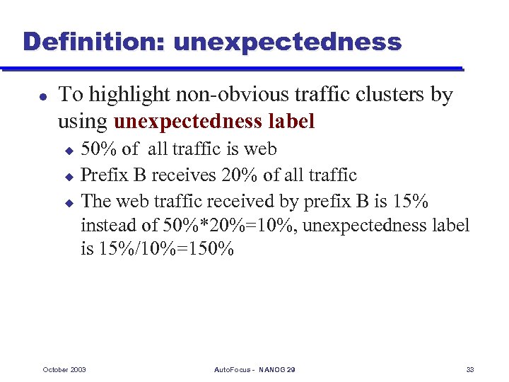 Definition: unexpectedness l To highlight non-obvious traffic clusters by using unexpectedness label 50% of