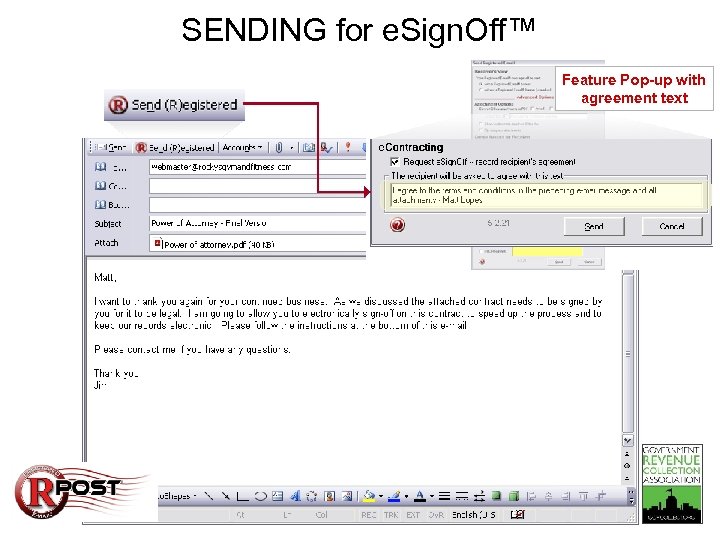 SENDING for e. Sign. Off™ Feature Pop-up with agreement text 
