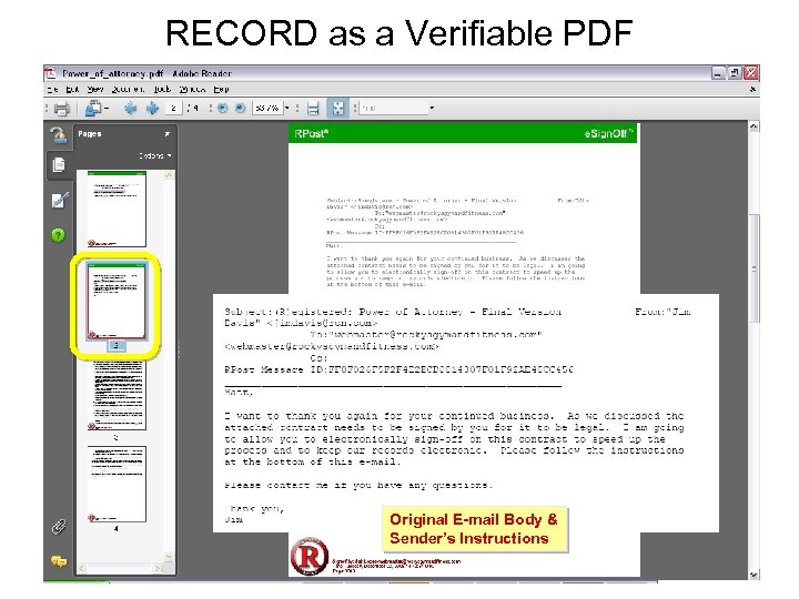 RECORD as a Verifiable PDF Original E-mail Body & Sender’s Instructions 
