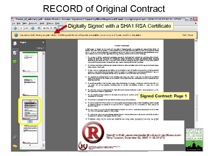 RECORD of Original Contract Digitally Signed with a SHA 1 RSA Certificate Signed Contract: