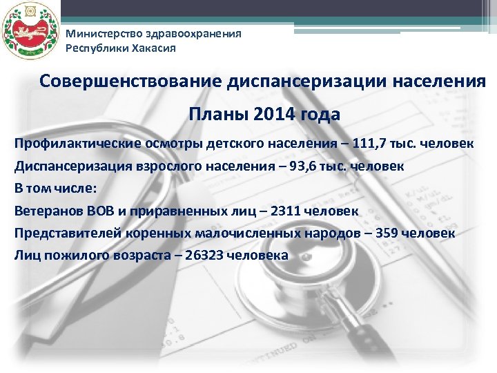 Министерство здравоохранения Республики Хакасия Совершенствование диспансеризации населения Планы 2014 года Профилактические осмотры детского населения