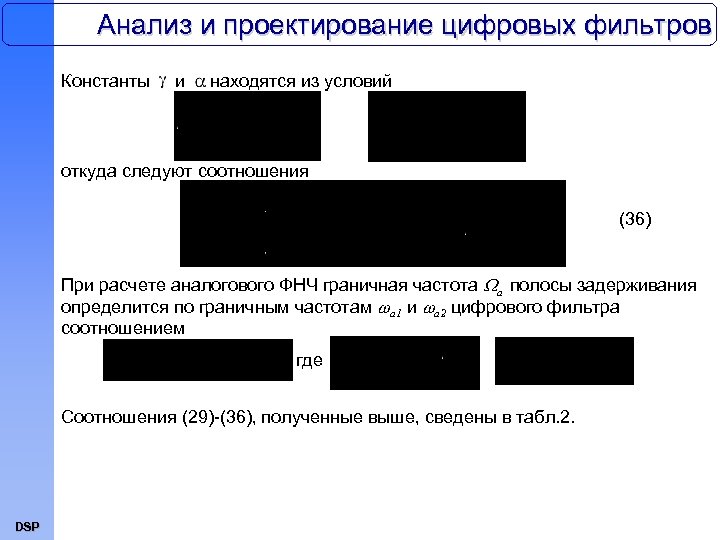 Анализ и проектирование цифровых фильтров Константы и находятся из условий откуда следуют соотношения (36)