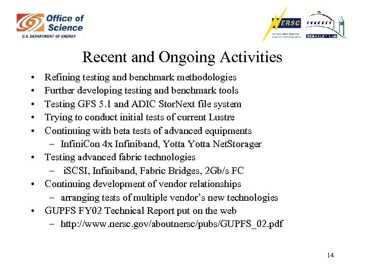 Recent and Ongoing Activities • • • Refining testing and benchmark methodologies Further developing
