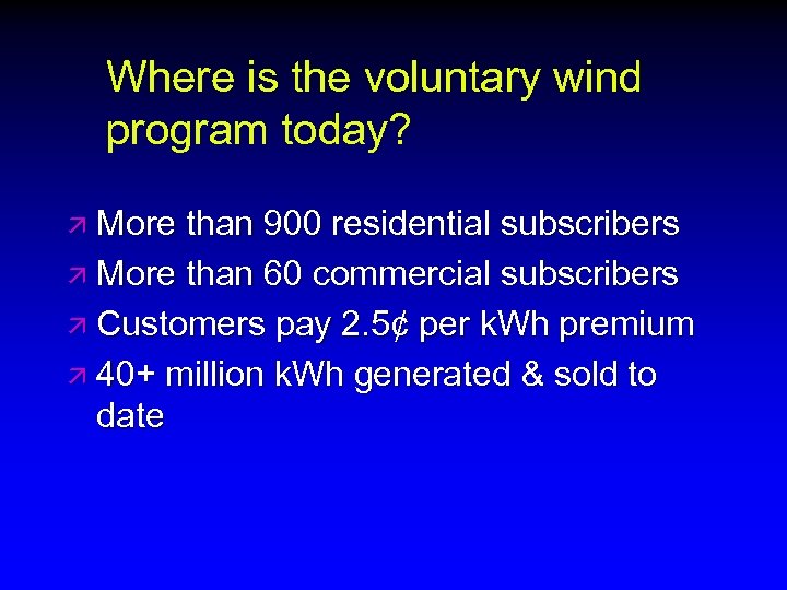 Where is the voluntary wind program today? ä More than 900 residential subscribers ä