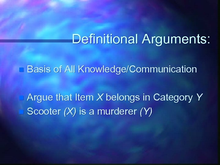 Definitional Arguments: n Basis of All Knowledge/Communication Argue that Item X belongs in Category