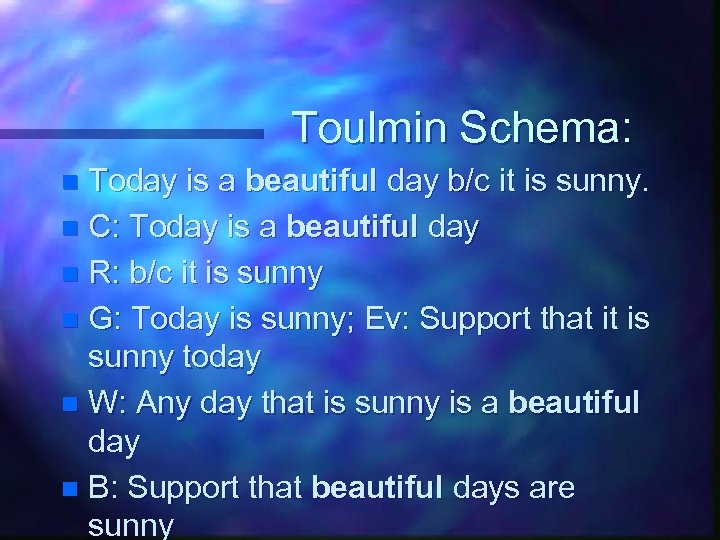 Toulmin Schema: Today is a beautiful day b/c it is sunny. n C: Today