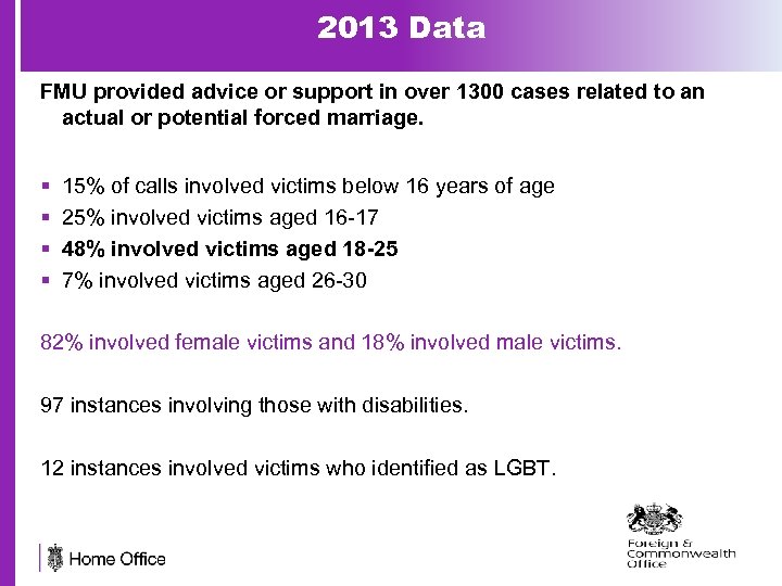 2013 Data FMU provided advice or support in over 1300 cases related to an