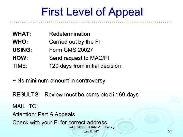 First Level of Appeal WHAT: WHO: USING: HOW: TIME: Redetermination Carried out by the