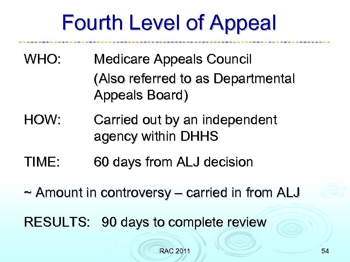 Fourth Level of Appeal WHO: Medicare Appeals Council (Also referred to as Departmental Appeals