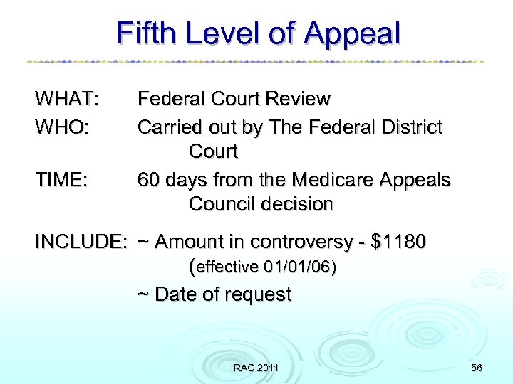 Fifth Level of Appeal WHAT: WHO: TIME: Federal Court Review Carried out by The