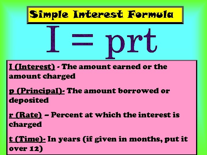 Simple Interest Formula I (Interest) - The amount earned or the amount charged p