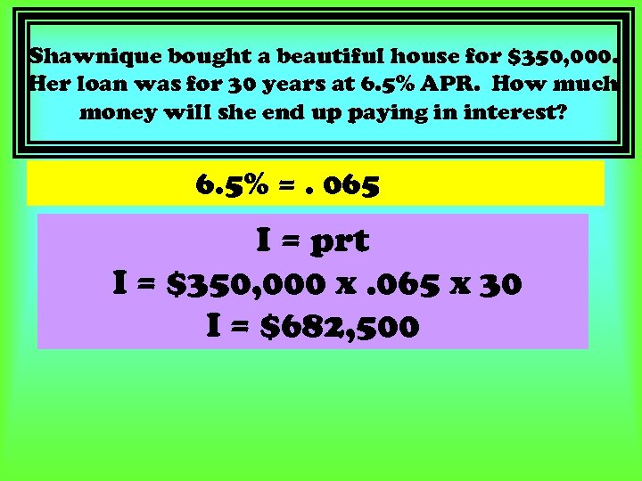 Shawnique bought a beautiful house for $350, 000. Her loan was for 30 years
