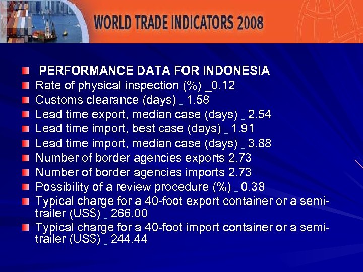  PERFORMANCE DATA FOR INDONESIA Rate of physical inspection (%) _0. 12 Customs clearance