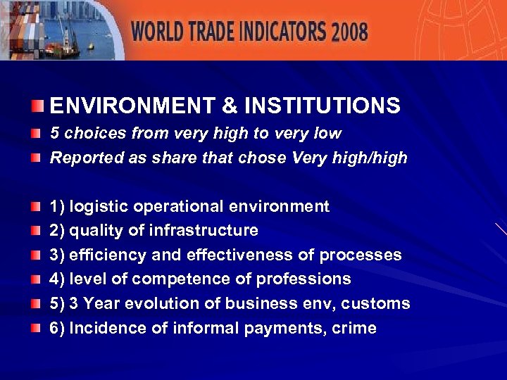 ENVIRONMENT & INSTITUTIONS 5 choices from very high to very low Reported as share