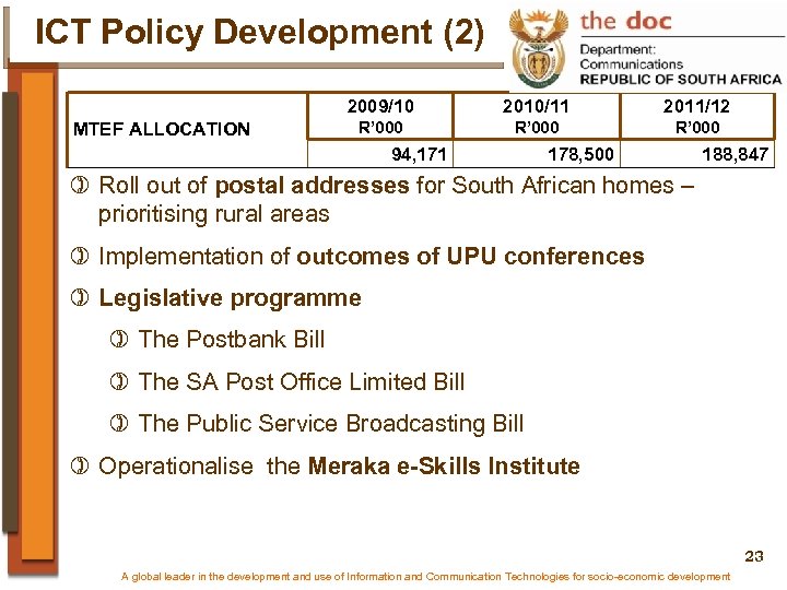 ICT Policy Development (2) 2009/10 MTEF ALLOCATION 2010/11 2011/12 R’ 000 94, 171 178,