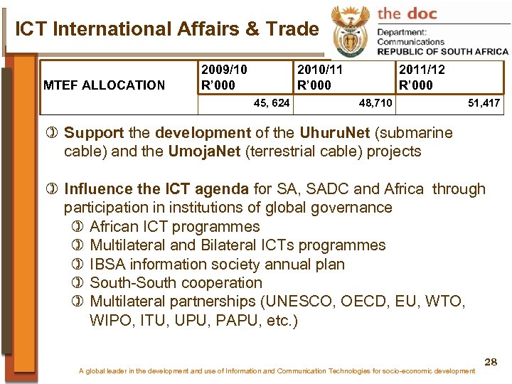 ICT International Affairs & Trade MTEF ALLOCATION 2009/10 R’ 000 2010/11 R’ 000 45,