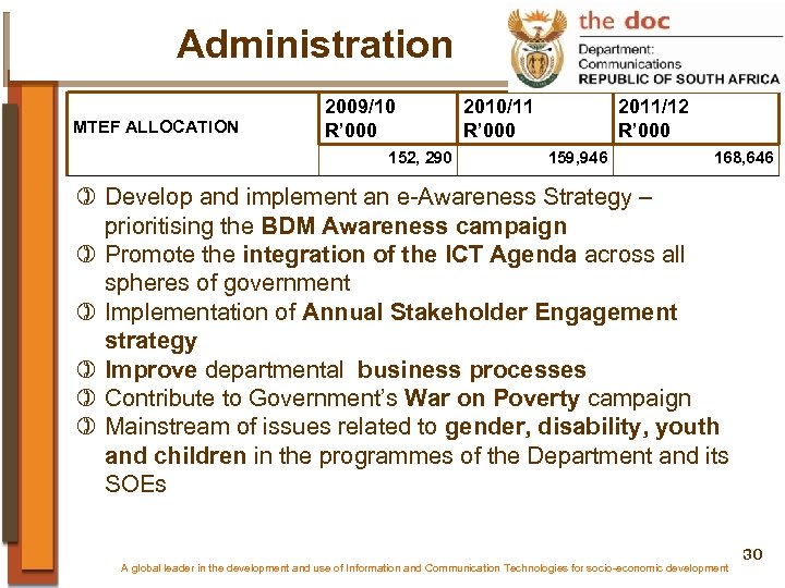 Administration MTEF ALLOCATION 2009/10 R’ 000 152, 290 2010/11 R’ 000 2011/12 R’ 000