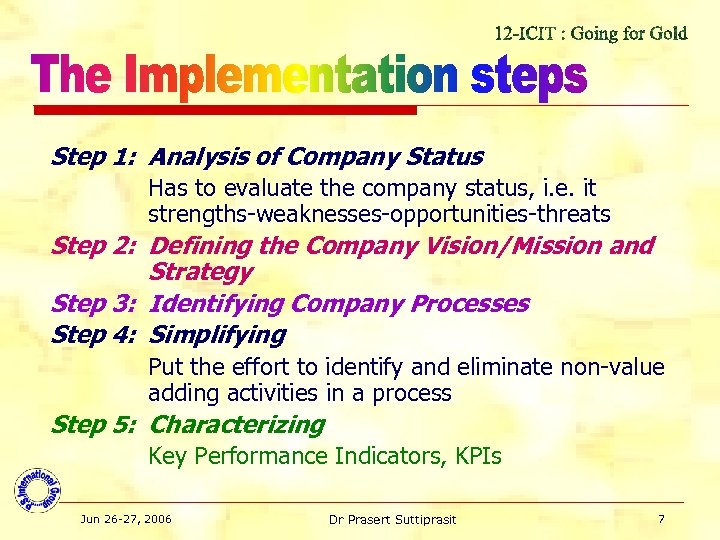 Step 1: Analysis of Company Status Has to evaluate the company status, i. e.