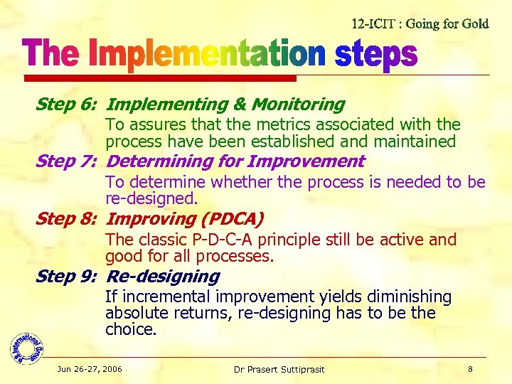 Step 6: Implementing & Monitoring To assures that the metrics associated with the process
