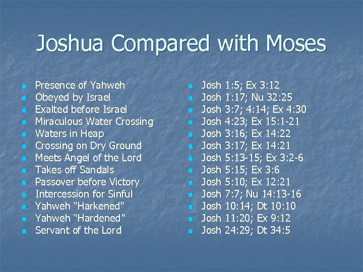 Joshua Compared with Moses n n n n Presence of Yahweh Obeyed by Israel