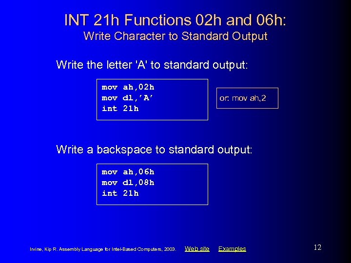 INT 21 h Functions 02 h and 06 h: Write Character to Standard Output