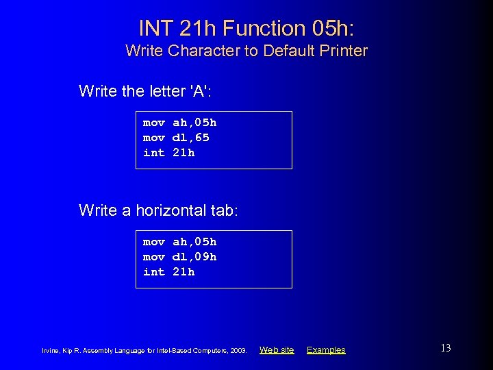 INT 21 h Function 05 h: Write Character to Default Printer Write the letter