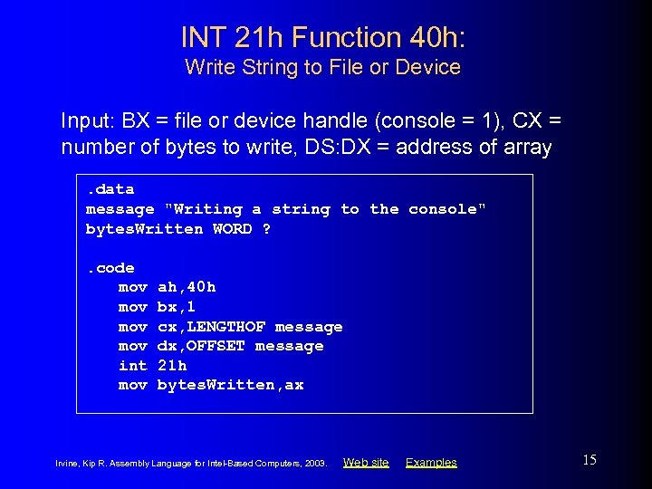 INT 21 h Function 40 h: Write String to File or Device Input: BX