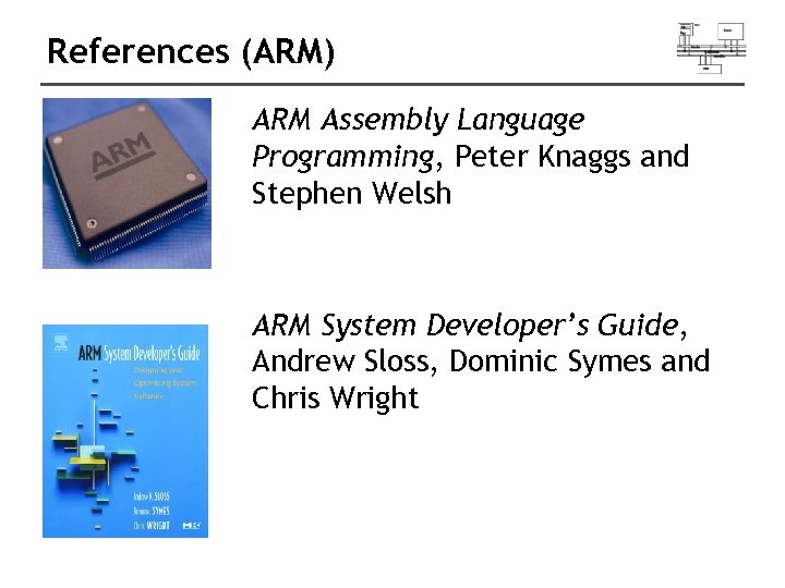 References (ARM) ARM Assembly Language Programming, Peter Knaggs and Stephen Welsh ARM System Developer’s