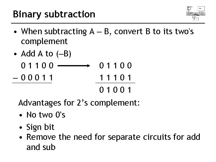 Binary subtraction • When subtracting A – B, convert B to its two's complement