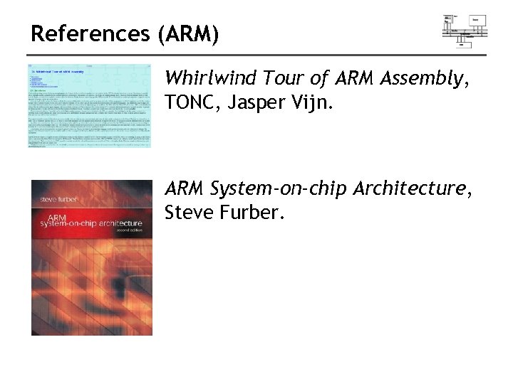 References (ARM) Whirlwind Tour of ARM Assembly, TONC, Jasper Vijn. ARM System-on-chip Architecture, Steve