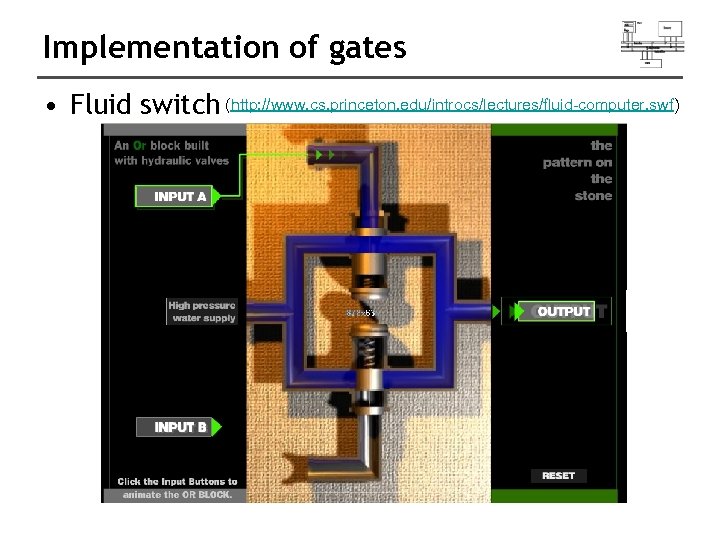 Implementation of gates • Fluid switch (http: //www. cs. princeton. edu/introcs/lectures/fluid-computer. swf) 