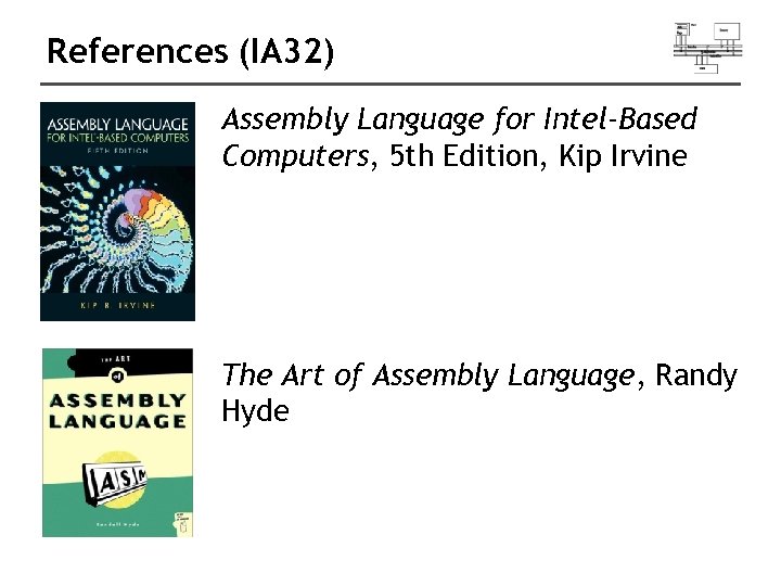 References (IA 32) Assembly Language for Intel-Based Computers, 5 th Edition, Kip Irvine The