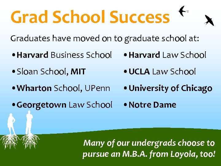 Grad School Success Graduates have moved on to graduate school at: • Harvard Business