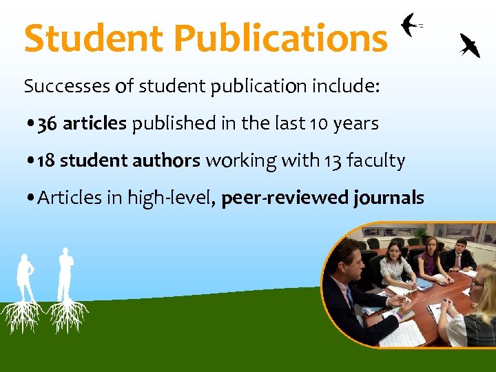 Student Publications Successes of student publication include: • 36 articles published in the last