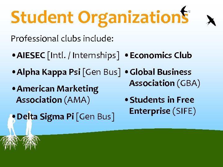 Student Organizations Professional clubs include: • AIESEC [Intl. / Internships] • Economics Club •