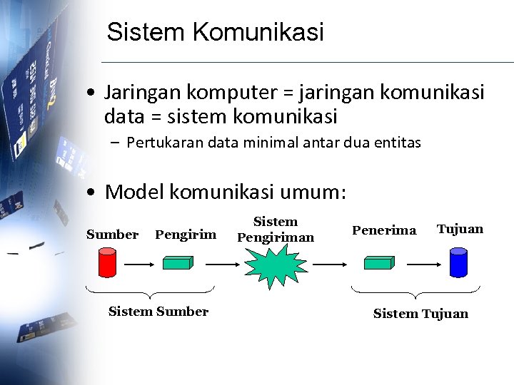 Sistem Komunikasi • Jaringan komputer = jaringan komunikasi data = sistem komunikasi – Pertukaran