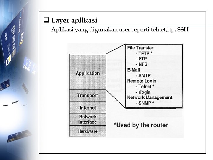 q Layer aplikasi Aplikasi yang digunakan user seperti telnet, ftp, SSH 
