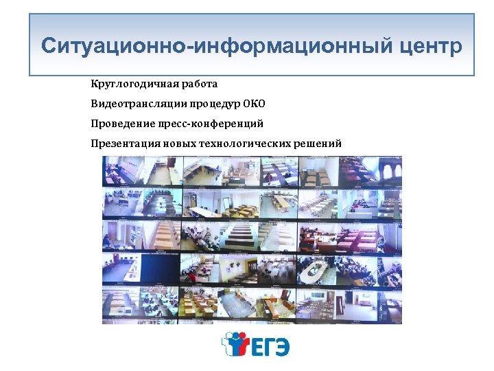 Ситуационно-информационный центр Круглогодичная работа Видеотрансляции процедур ОКО Проведение пресс-конференций Презентация новых технологических решений 
