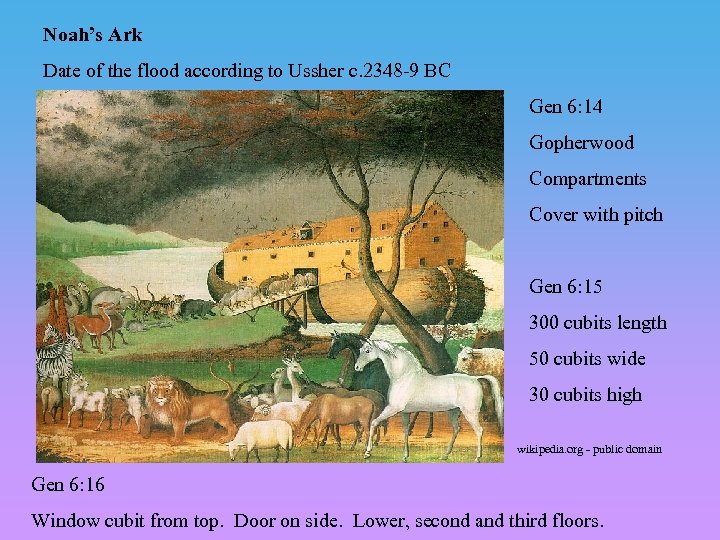 Noah’s Ark Date of the flood according to Ussher c. 2348 -9 BC Gen