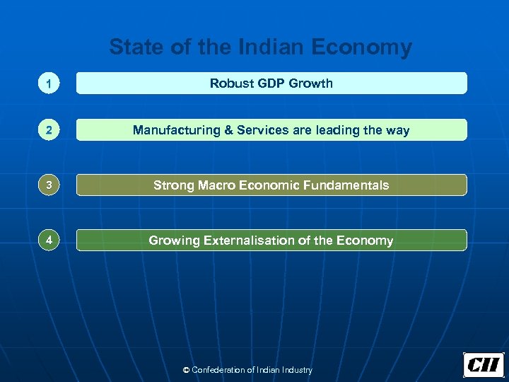 State of the Indian Economy 1 Robust GDP Growth 2 Manufacturing & Services are