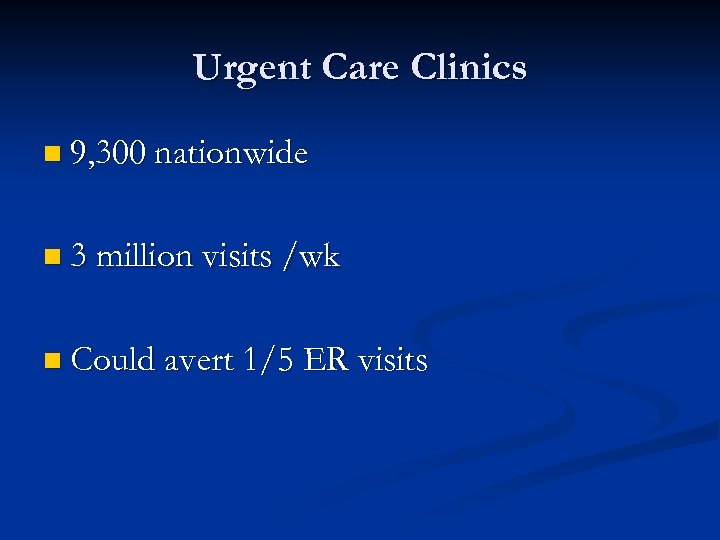 Urgent Care Clinics n 9, 300 nationwide n 3 million visits /wk n Could