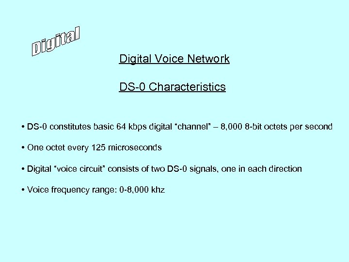 Digital Voice Network DS-0 Characteristics • DS-0 constitutes basic 64 kbps digital “channel” –