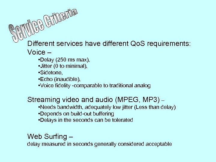 Different services have different Qo. S requirements: Voice – • Delay (250 ms max),