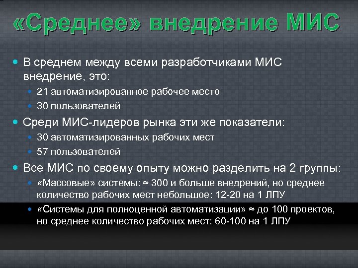 «Среднее» внедрение МИС В среднем между всеми разработчиками МИС внедрение, это: 21 автоматизированное