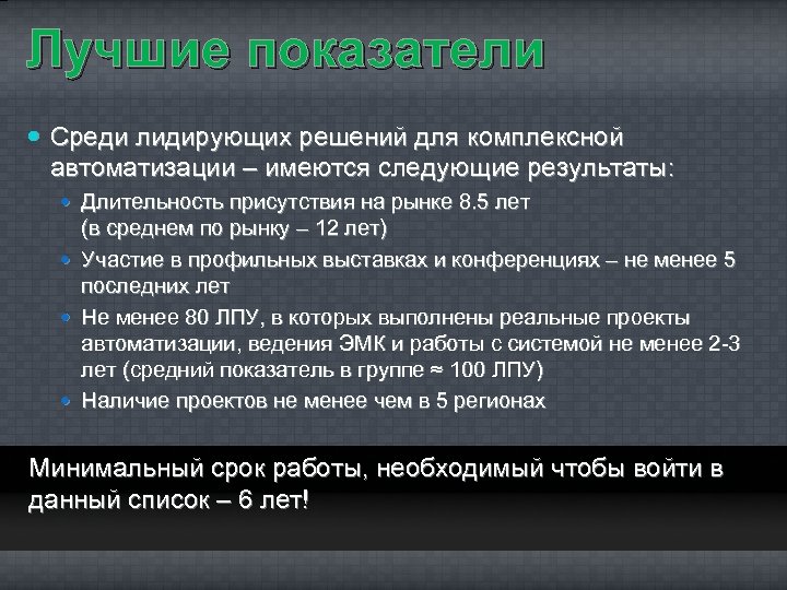 Лучшие показатели Среди лидирующих решений для комплексной автоматизации – имеются следующие результаты: Длительность присутствия