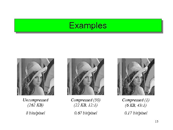 Examples Uncompressed (262 KB) Compressed (50) (22 KB, 12: 1) Compressed (1) (6 KB,